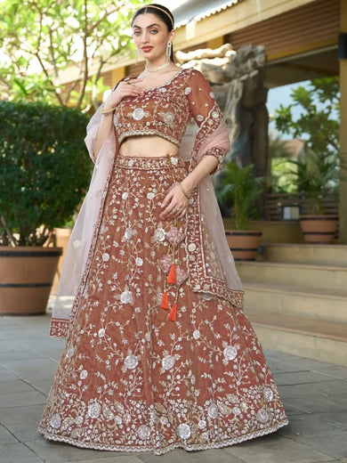 Impressive Brown Sequins Tissue Silk Wedding Wear Lehenga Choli - Ethnic Plus In